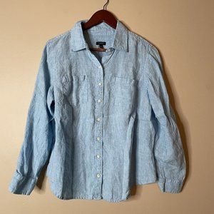 Talbots SZ 1XP 1X Petite 100% Linen Blue Chambray Roll Tab Slv Blouse Top Shirt